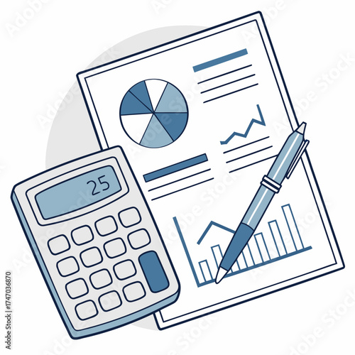 Calculator, pen, and financial report, illustration
