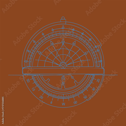 Detailed technical drawing of a navigational compass with precise markings and directional indicators on a warm brown