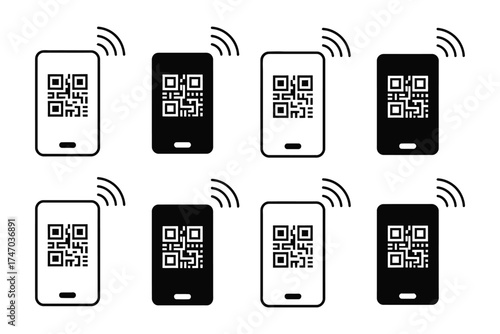 Smartphone QR code scanning and pay icon set, mobile payment vector illustration with scan‑me frame and barcode scanner symbols