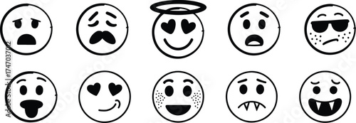 Collection of varied hand drawn emoji expressions with different emotions