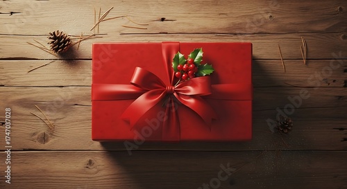 Red gift box with ribbon and holly berries on a wooden surface top view