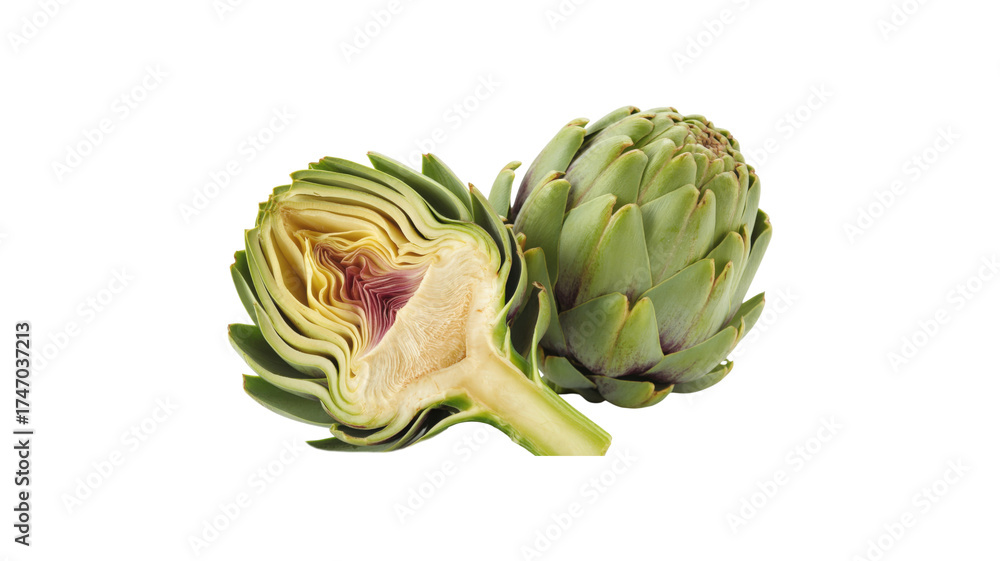 Obraz premium Two Artichokes One Cut Open isolated on a transparent background