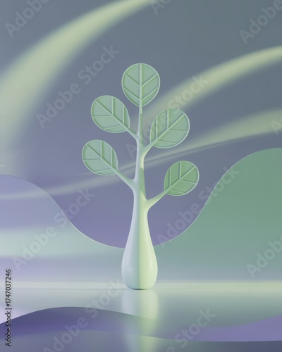 Minimalist 3d rendered stylized tree with rounded leaves in soft pastel green and purple tones