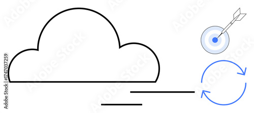 Cloud outline paired with arrows indicating synchronization and a dart hitting bullseye. Ideal for technology, innovation, business strategy, productivity, cloud storage, digital solutions, simple