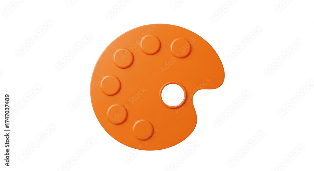 Obraz premium Bright orange artist paint palette with circular wells isolated on black