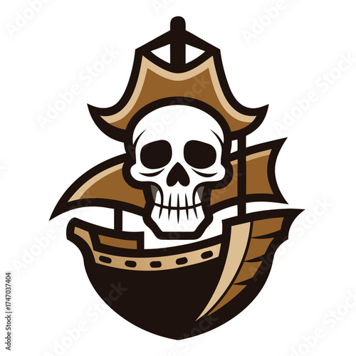 Vintage Pirate Ship Logo with Skull ? Retro Nautical Vector Illustration Design.eps