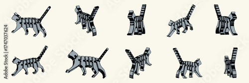 Vector art of collection of ten tabby cat illustrations in various poses, isolated on a light cream background