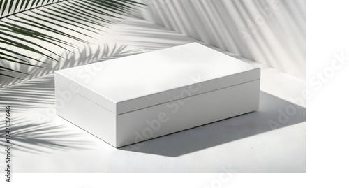 Closed white rectangular box on white surface in photorealistic style
