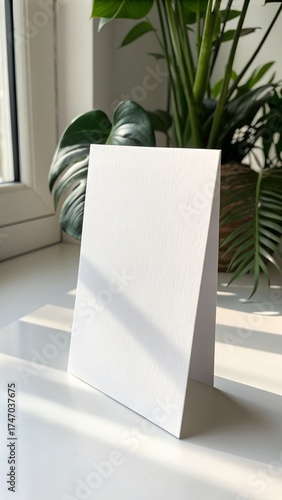 Single white card standing upright on white background, front view