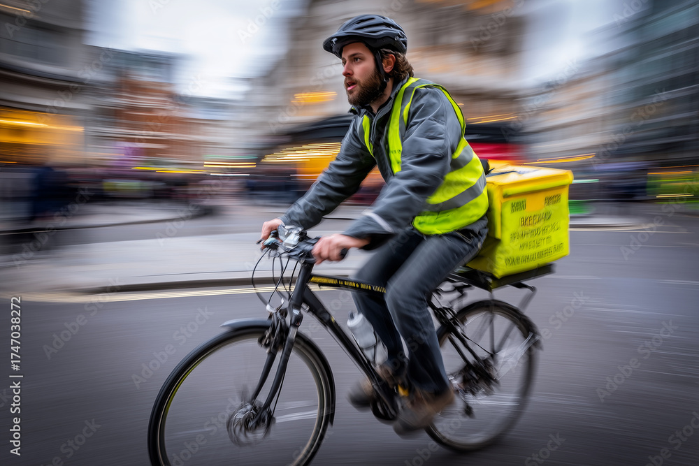 Fototapeta premium A man in a yellow vest rides a bicycle down a street