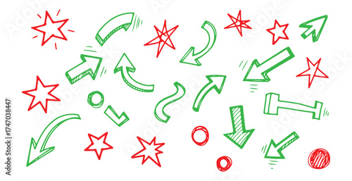 Collection of hand drawn green arrows and red stars on a white background
