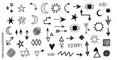 Collection of hand drawn celestial bodies arrows and abstract symbols on white background