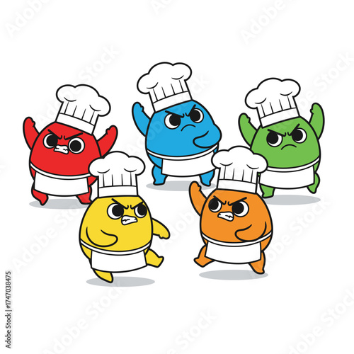 Five adorable cartoon chef monsters ready to cook up some fun with fun expressions vector