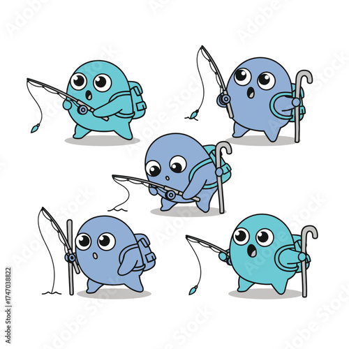 Adorable cartoon characters fishing with joyful expressions and cane accessories vector