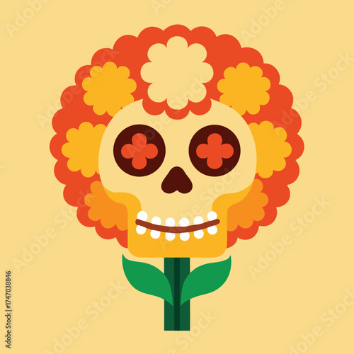 Marigold Flowers and Mexican Skull Vector ? Dia De Los Muertos Halloween Illustration.eps