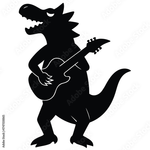 Black dinosaur playing electric guitar music