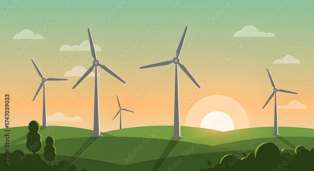 Fototapeta premium Illustration depicts wind turbines on a grassy hill at sunset, promoting clean energy.