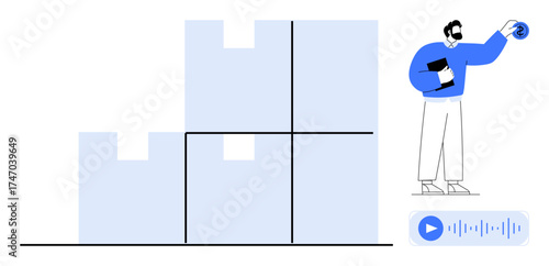 Man managing stacked boxes and holding clipboard, adjusting settings via tech interface. Ideal for logistics, warehouse, inventory management, technology, productivity, analysis, and organization