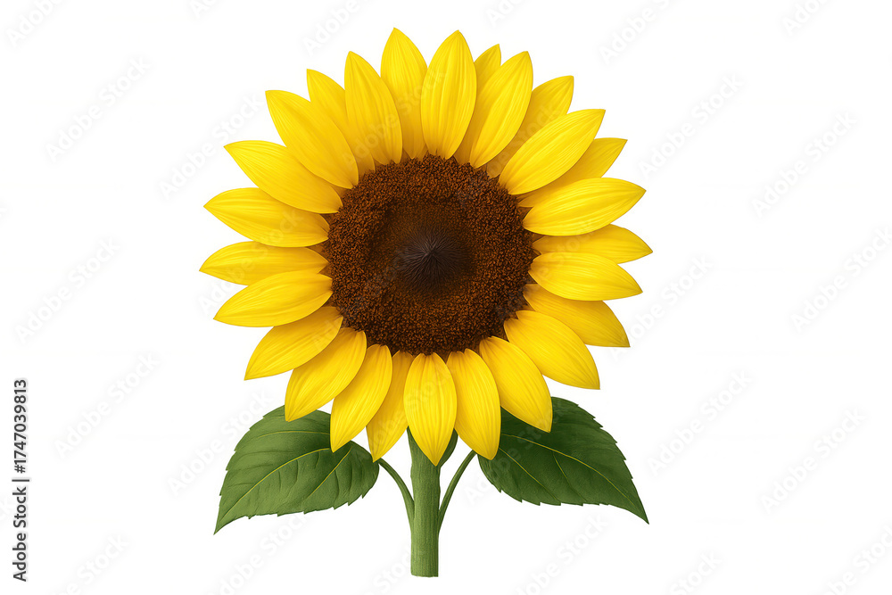 Obraz premium Sunflower plant with vibrant yellow petals and green leaves. Representing nature, growth, and summer on a transparent background
