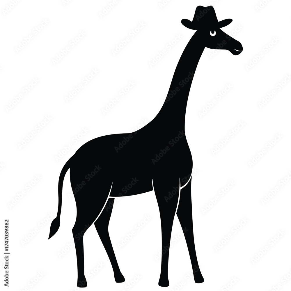 Fototapeta premium Black giraffe wearing a hat silhouette cowboy hat