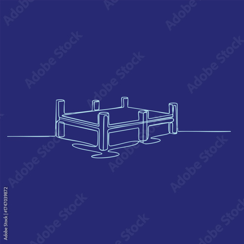 Minimalist Line Drawing of a Modern Bed Frame with Tall Support Posts and Clean Geometric Design on Solid