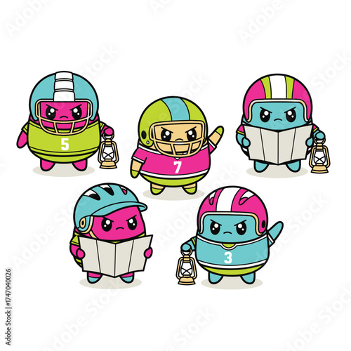 Cute cartoon football players holding lanterns adorable characters for sports themes and kids designs vector