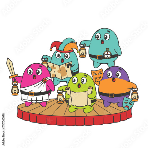 Cute cartoon characters performing lively together holding lanterns and sword vector