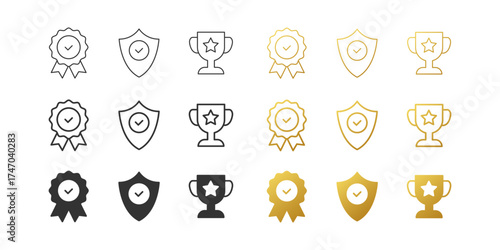 Black and golden line prize icon set. Certificate, emblem and cup.