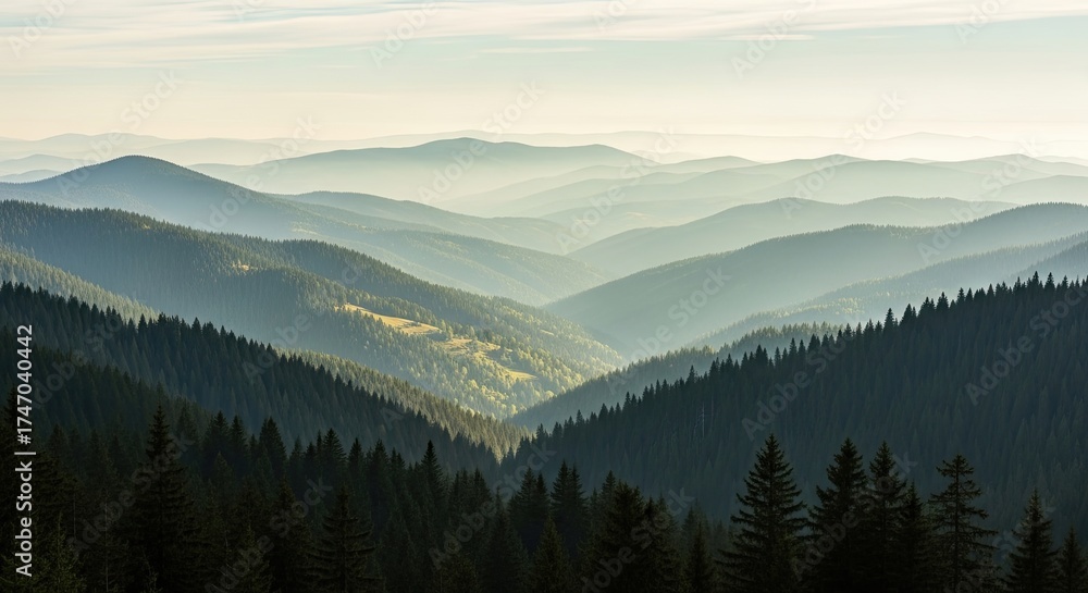 Obraz premium Serene mountain range bathed in soft morning light showcasing layered