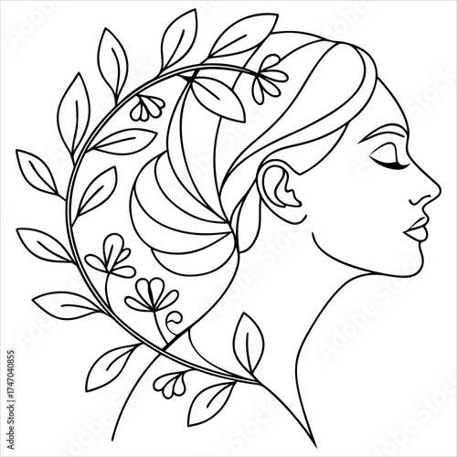 Beautiful vintage floral silhouette design of a woman's face with flowers and leaves in her hair