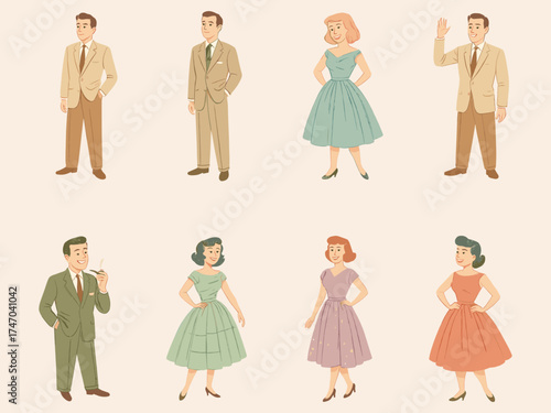 A stylish set of retro 1950s men and women characters dressed in vintage suits and dresses, illustrated in classic mid-century cartoon style with warm pastel tones.