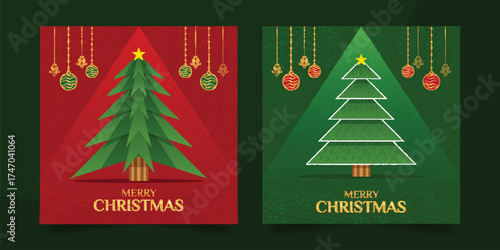 PS100_Christmas_081003Festive pair of Merry Christmas cards Bold geometric green tree on red, and textured green tree on green. Both feature stars and hanging ornaments. Ideal for diverse holiday prom