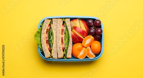 Overhead view of a lunchbox with sandwich, apple slices and fruit mix