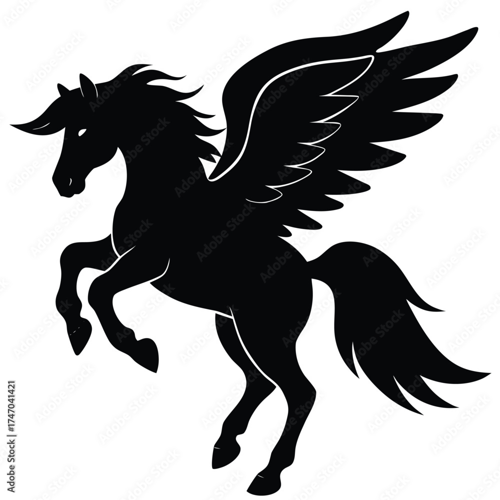 Fototapeta premium Black winged horse rearing up pegasus mythical creature