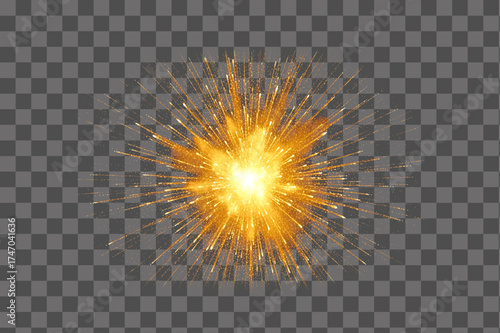Fiery glowing blast explosion with energy flare and radiant sparks isolated transparent background PNG