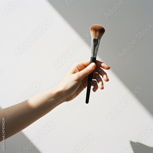 A hand holding a makeup brush, creating a play of light and shadow on a neutral background. The brush is held gently and the scene is simple, highlighting beauty tools and the act of makeup.
