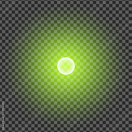 A luminous green sphere emanates a radiant glow on a transparent checkered backdrop