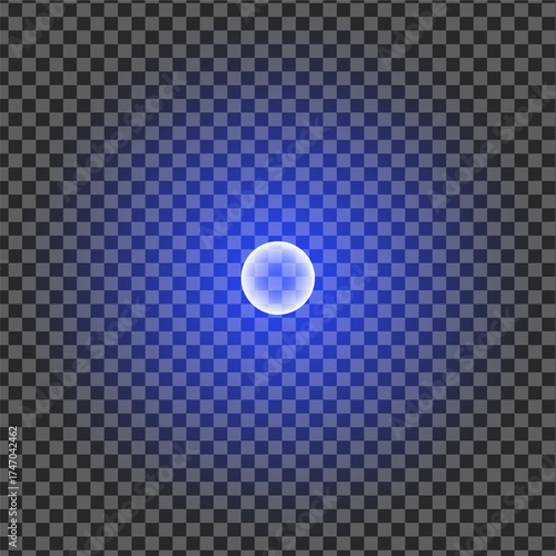 Glowing blue orb shines centrally against the checkered transparent background, creating ethereal soft luminescence
