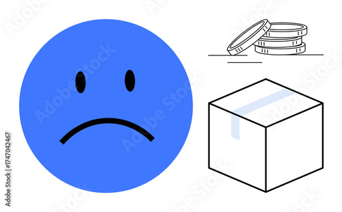 Blue sad face beside coins and taped box suggesting dissatisfaction with costs, shipping issues, lost value. Ideal for e-commerce, expenses, delivery, frustration, savings, economy consumer rights