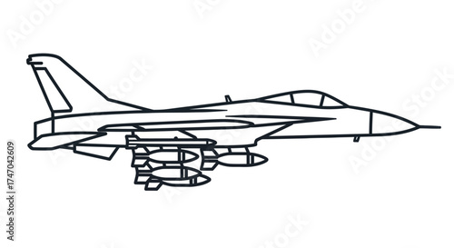 Fighter Jet Outline with Missiles Military Aircraft Illustration Modern Warplane Vector Design.