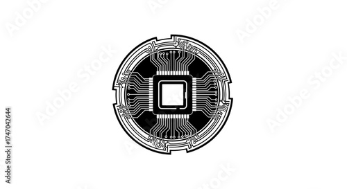 Round microchip with circuit board, technology concept