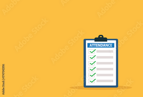 attendance clipboard with checklist. Questionnaire, survey, clipboard, task list. Flat design,
