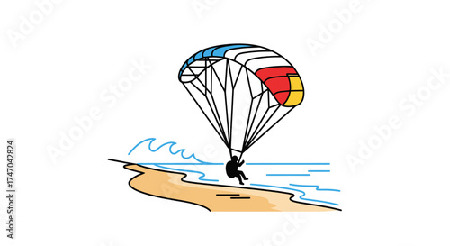 Colorful Paraglider Landing on Sandy Beach with Ocean Waves.