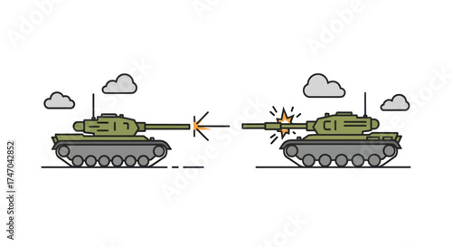 Cartoon Military Tanks Engaged in Combat Firing and Impact Vector Illustration.