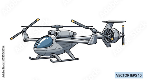 Futuristic Twin-Rotor Helicopter with Tail Rotor and Landing Gear.