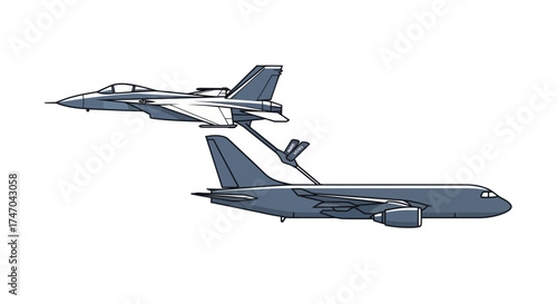 Military Aircraft Refueling: Fighter Jet Receiving Fuel Mid-Air from a Tanker Plane.