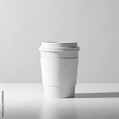 A pristine white coffee cup with its lid and sleeve, against a minimalistic backdrop, exuding a sense of calm and simplicity. The image emphasizes the clean lines and form