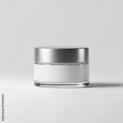 A stylish and elegant jar with a silver lid and a blank label