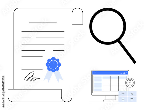 Signed certificate with blue badge, magnifying glass for inspection, computer screen displaying spreadsheet with calculation tools. Ideal for auditing, legal, certification, finance, analysis