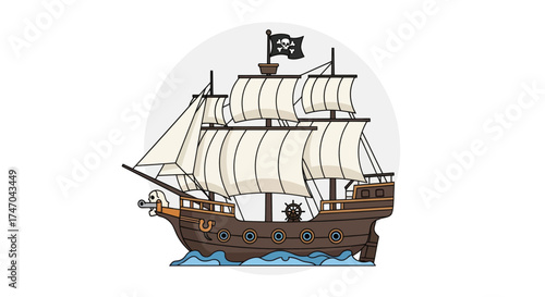 A classic wooden pirate ship illustration with full white sails and a Jolly Roger flag.